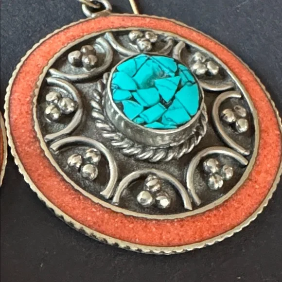 Nepalese Coral and Turquoise Boho Earrings - Picture 5 of 13